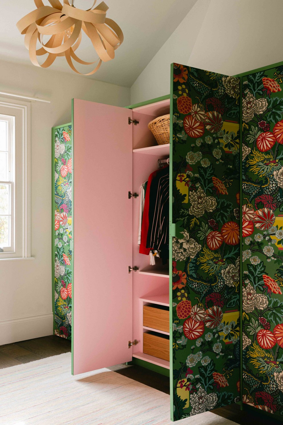 Victorian Terrace, Waterloo | Bespoke wallpaper covered wardrobes for colourful bedroom | Interior Designers